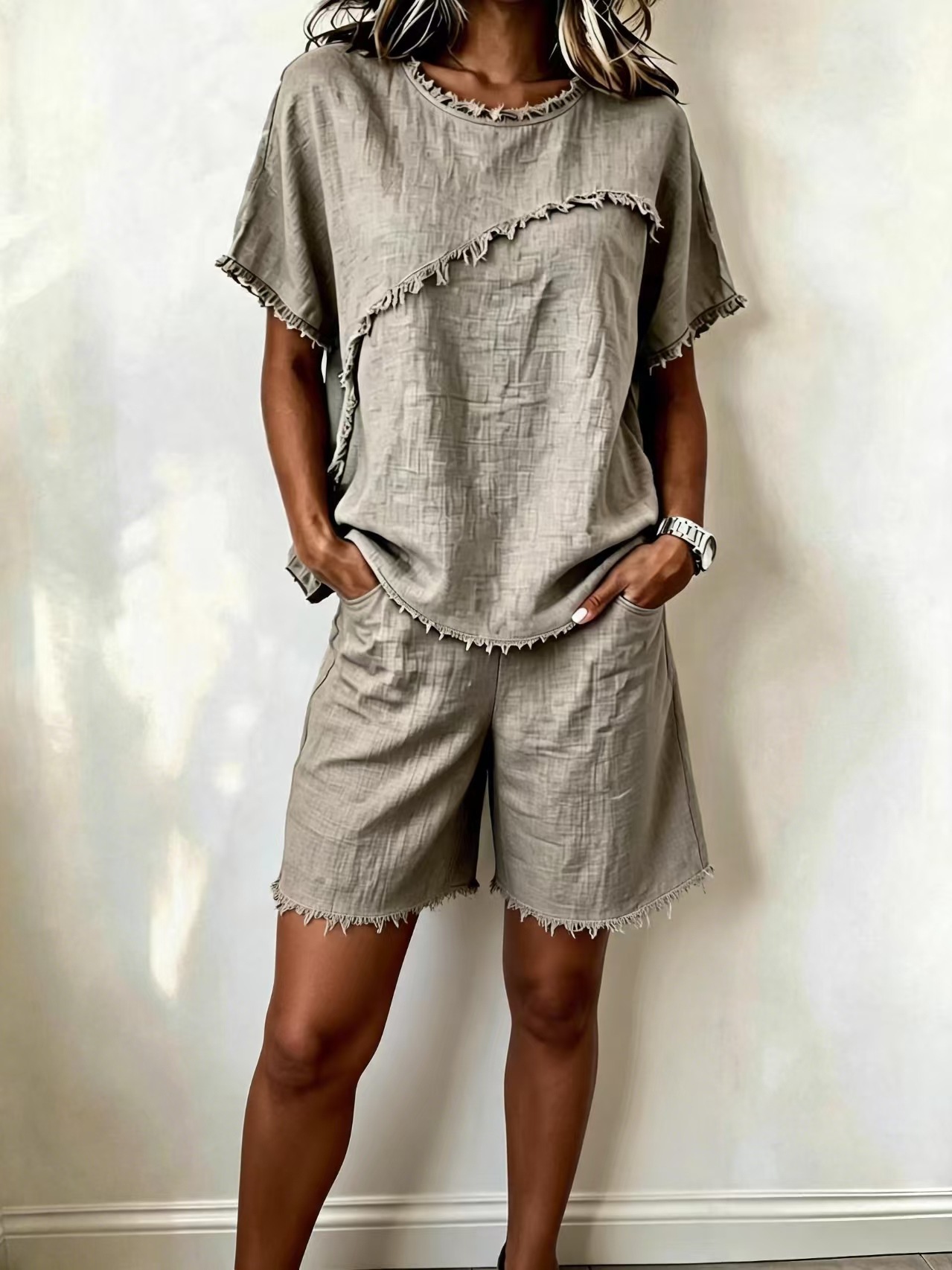 Women's Linen Two-Piece Set Crewneck Top & Shorts Casual