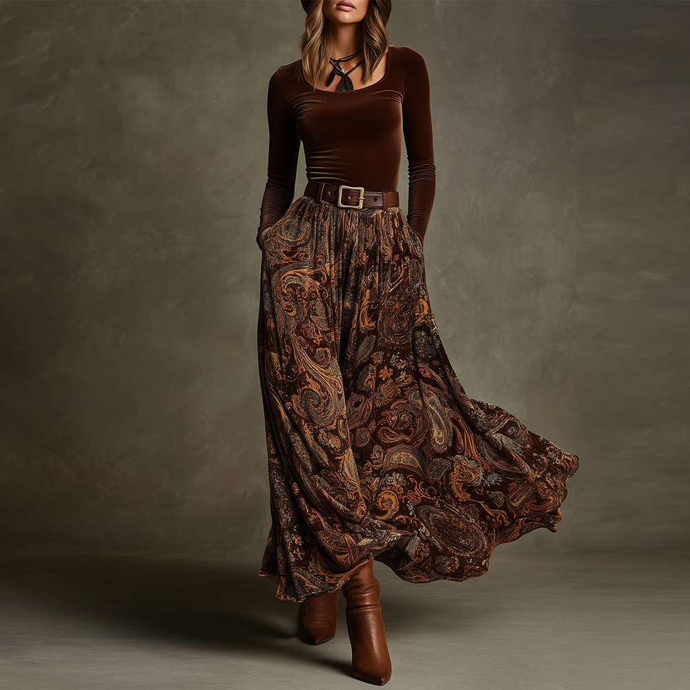 Women's Solid Color Slim Fit Floral Print Long Sleeve Maxi Dress