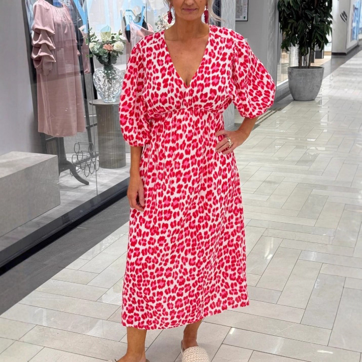 Women's Floral Print Deep V-Neck 3/4 Sleeve Waist-Cinched Loose Dress