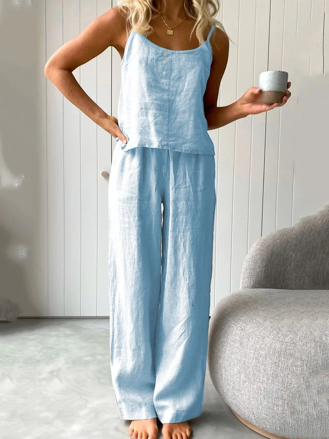 Cotton Linen Sleeveless Cami & Long Pants Two-Piece Set