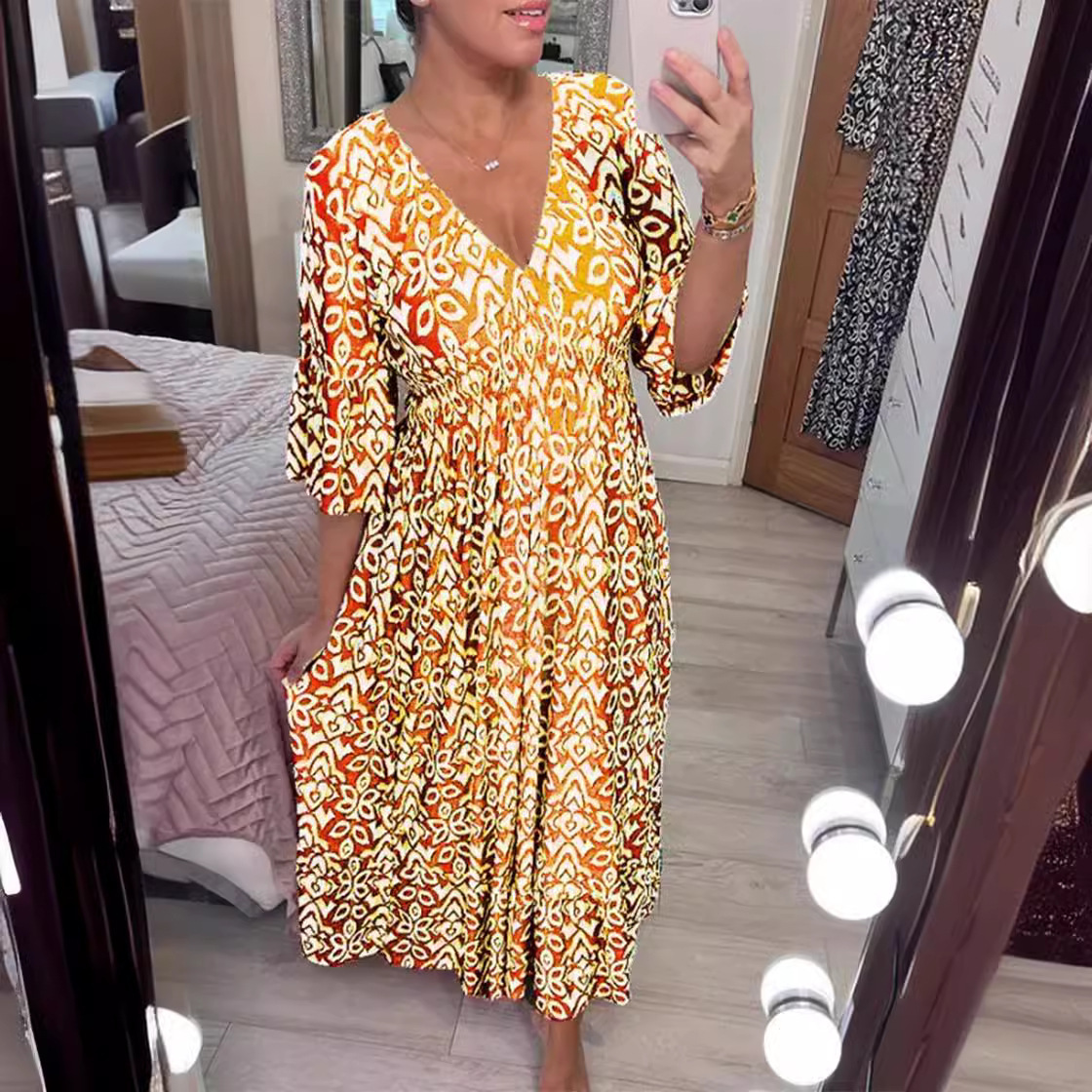 Women's V-Neck Floral Print Loose Long Dress