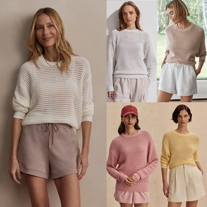 Women's Solid Color Slim Fit Open Knit Long Sleeve Crew Neck Top
