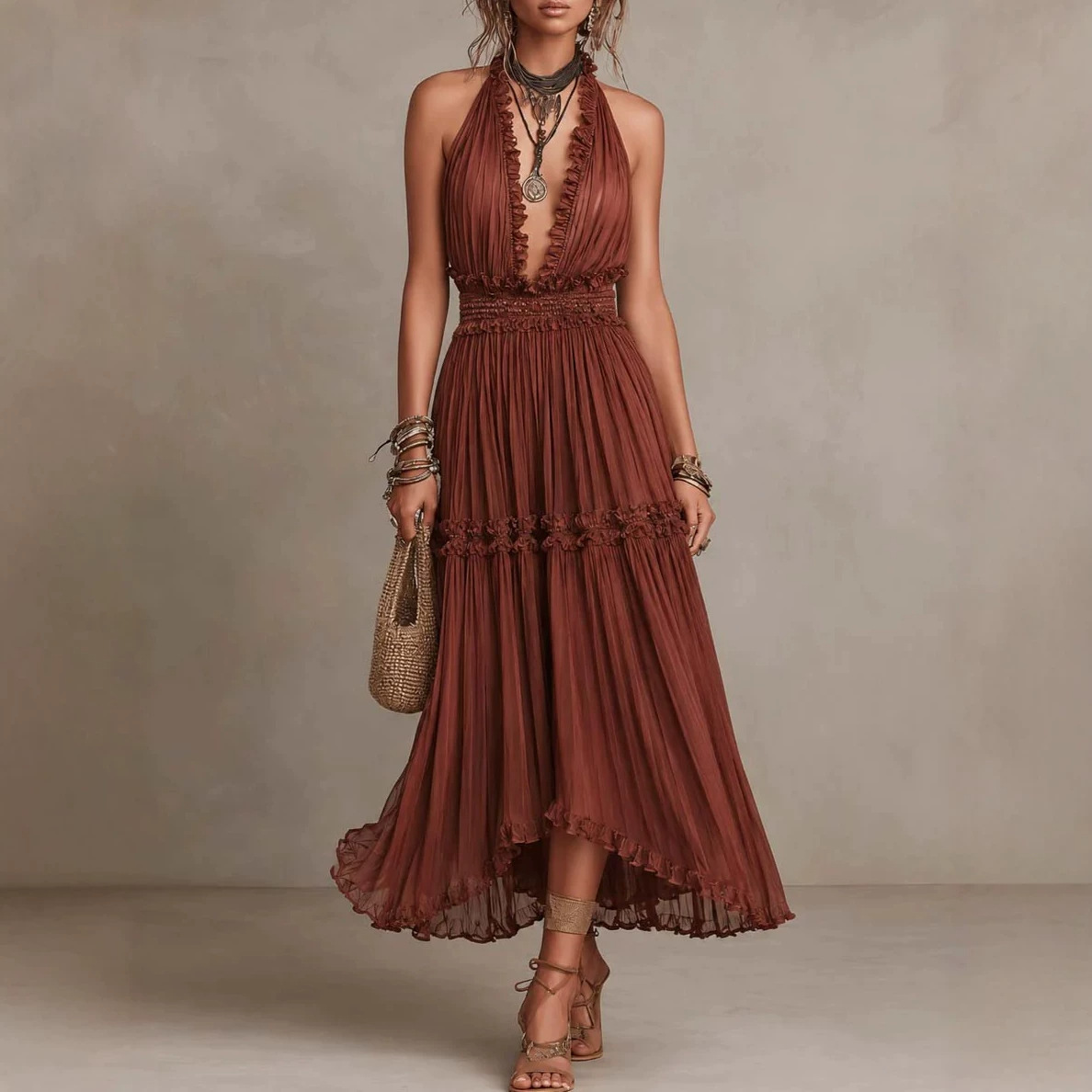 Lace V-Neck High-Waist Long Dress