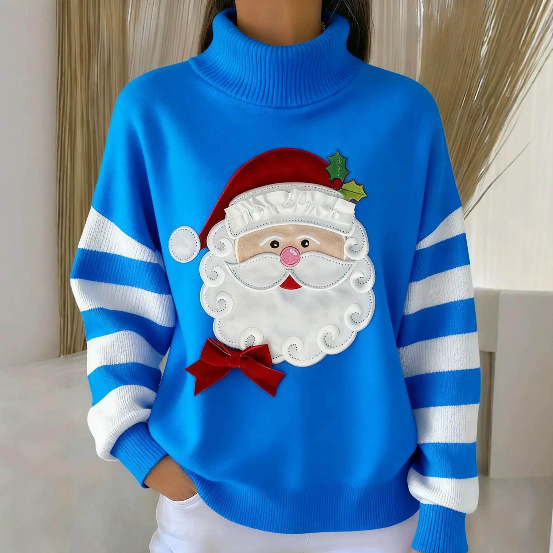Women's Christmas Santa Striped Print Turtleneck Sweater