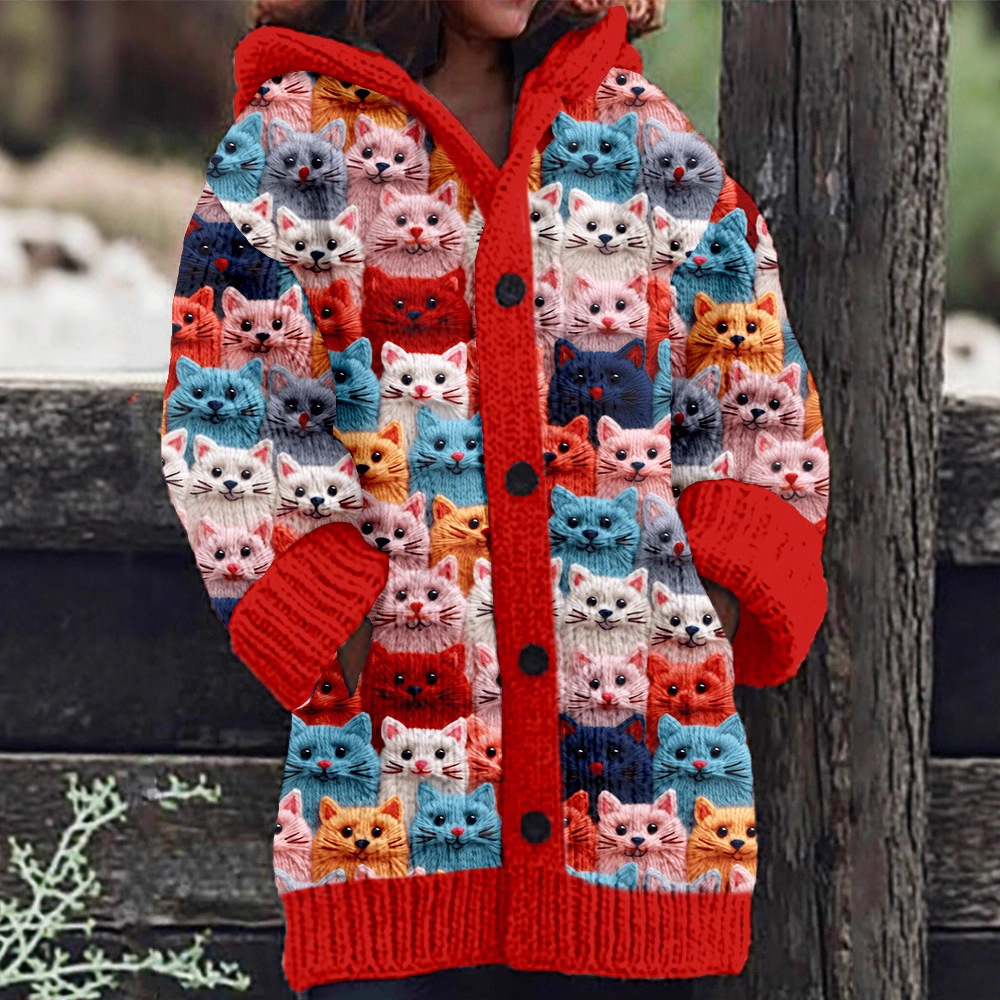 Women's Colorful Animal Print Hooded Button Cardigan Sweater