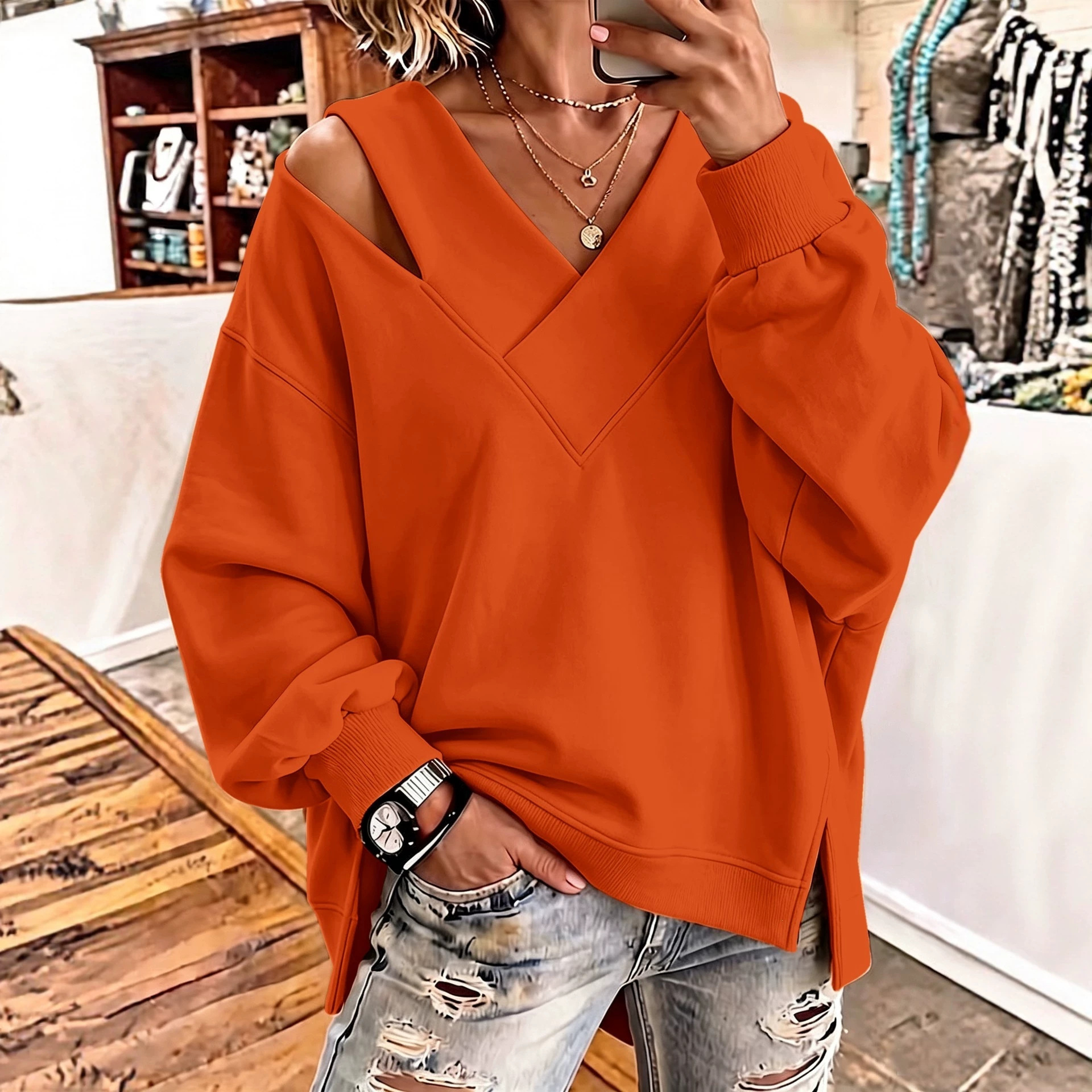 Women's Solid Cross-Neck Long-Sleeve Loose Sweatshirt