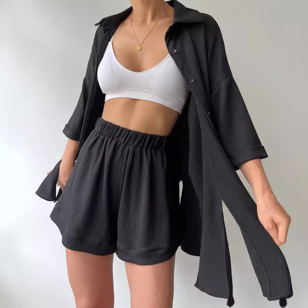 Women's Split Front Midi Sleeve Shirt and Shorts Set