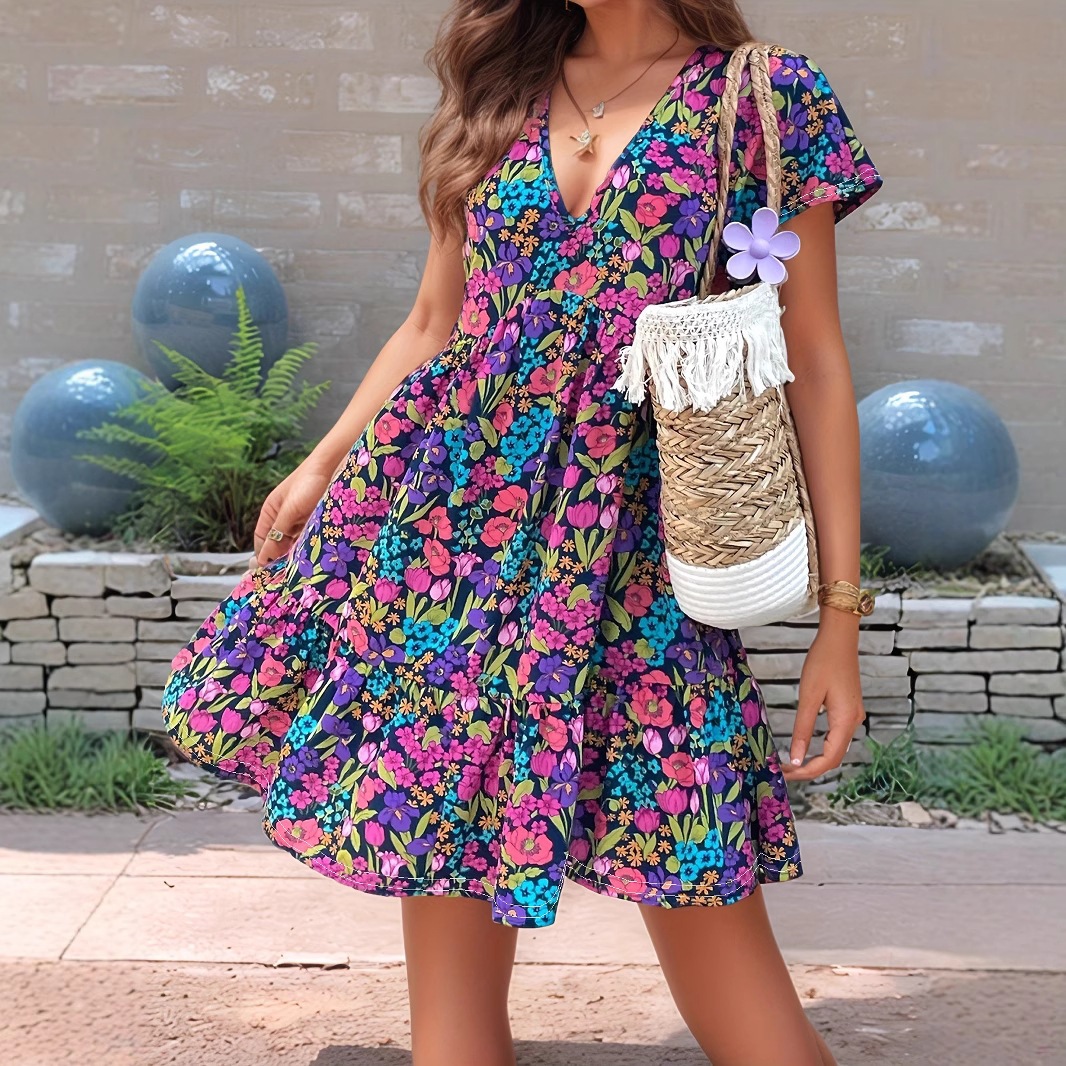 Colorful Floral V-Neck Mini Dress with Flutter Sleeves and Fit-and-Flare Skirt
