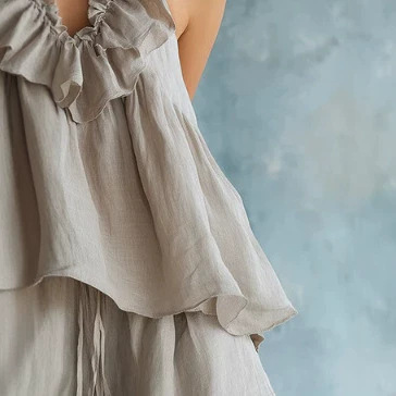 Elegant Beige Cotton-Linen Ruffle Tank and Shorts Set