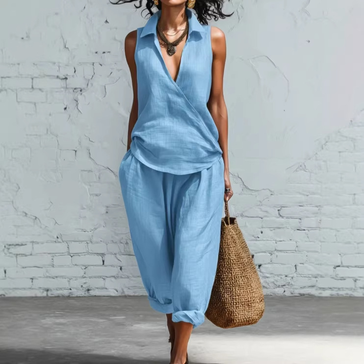 Women's Linen-Blend Collared Shirt and Wide-Leg Pants Two-Piece Set