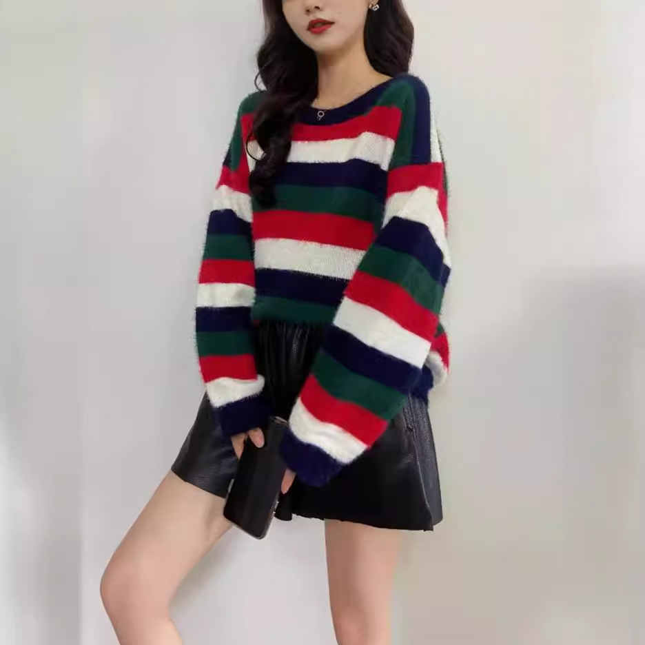 Women's Striped Colorblock Knit Sweater Crewneck Long Sleeve Pullover
