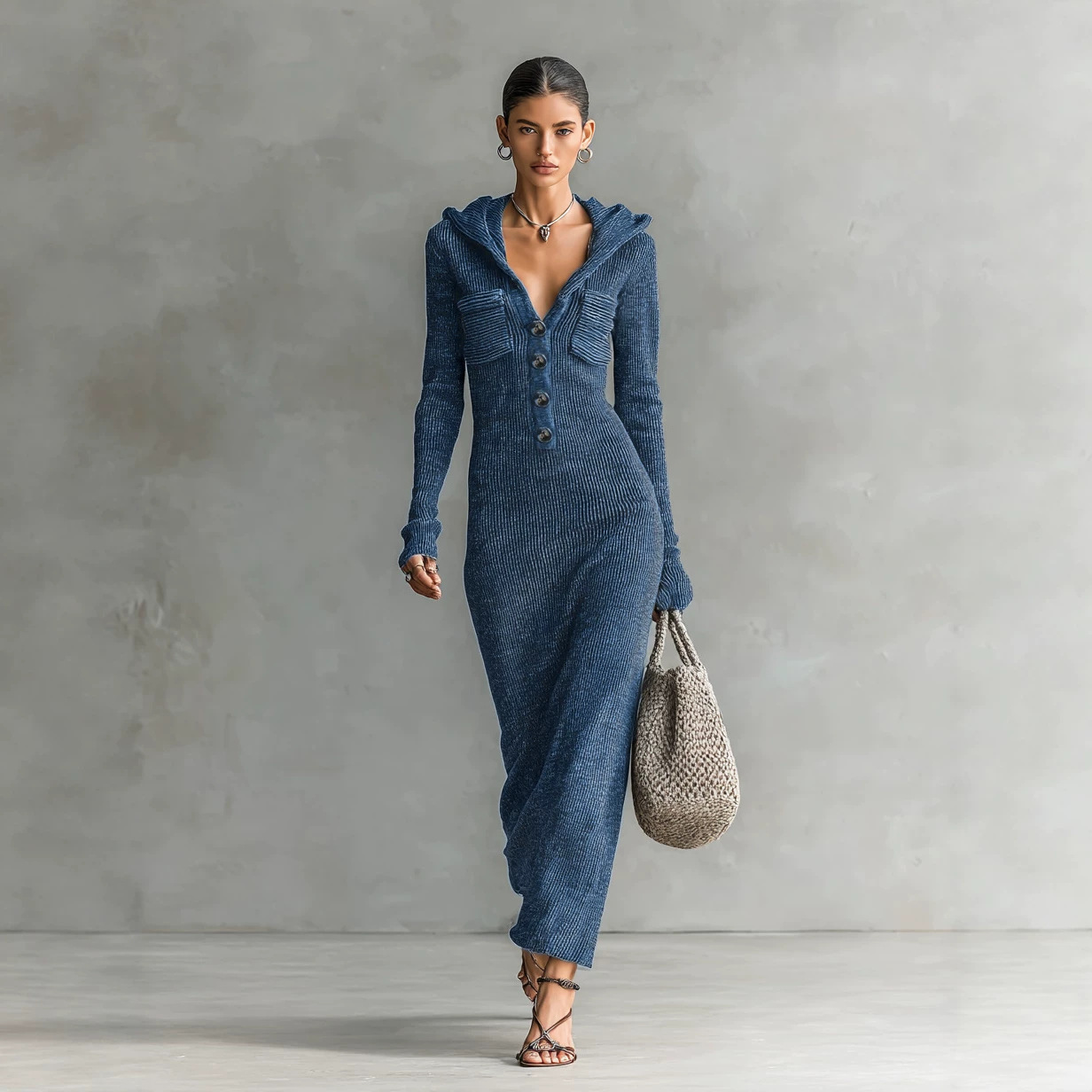 Women's Slimming Half-Open Collar Hooded Knit Sweater Dress