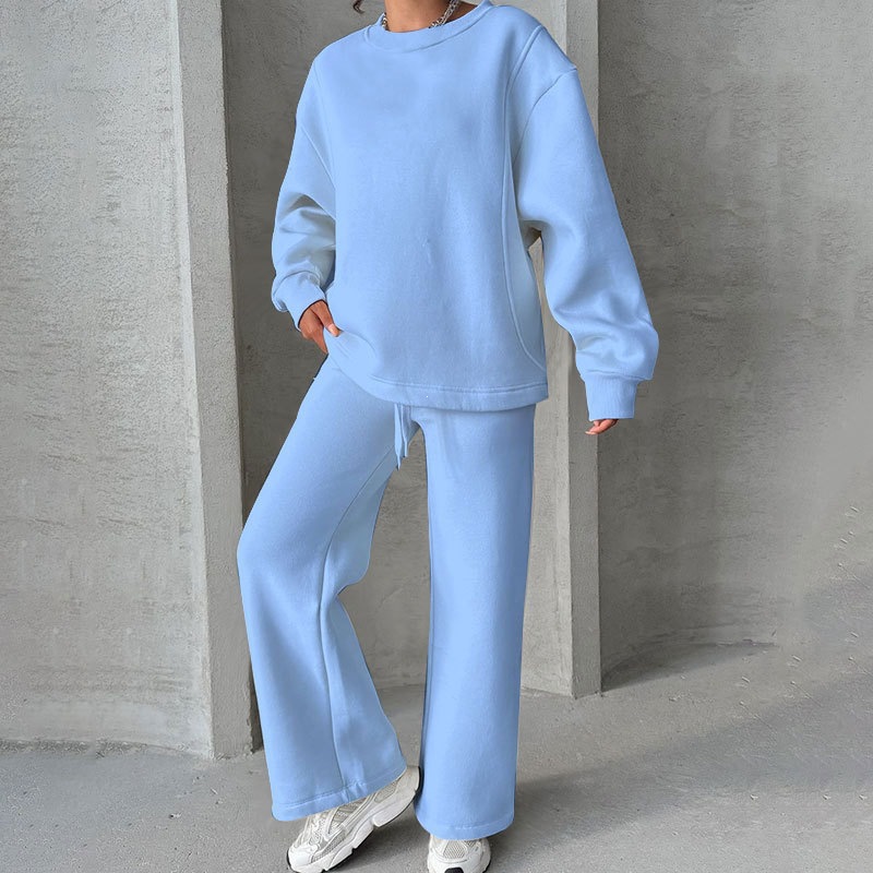 Women's Solid Crewneck Long Sleeve Wide-Leg Pants Set Casual Loose Fit