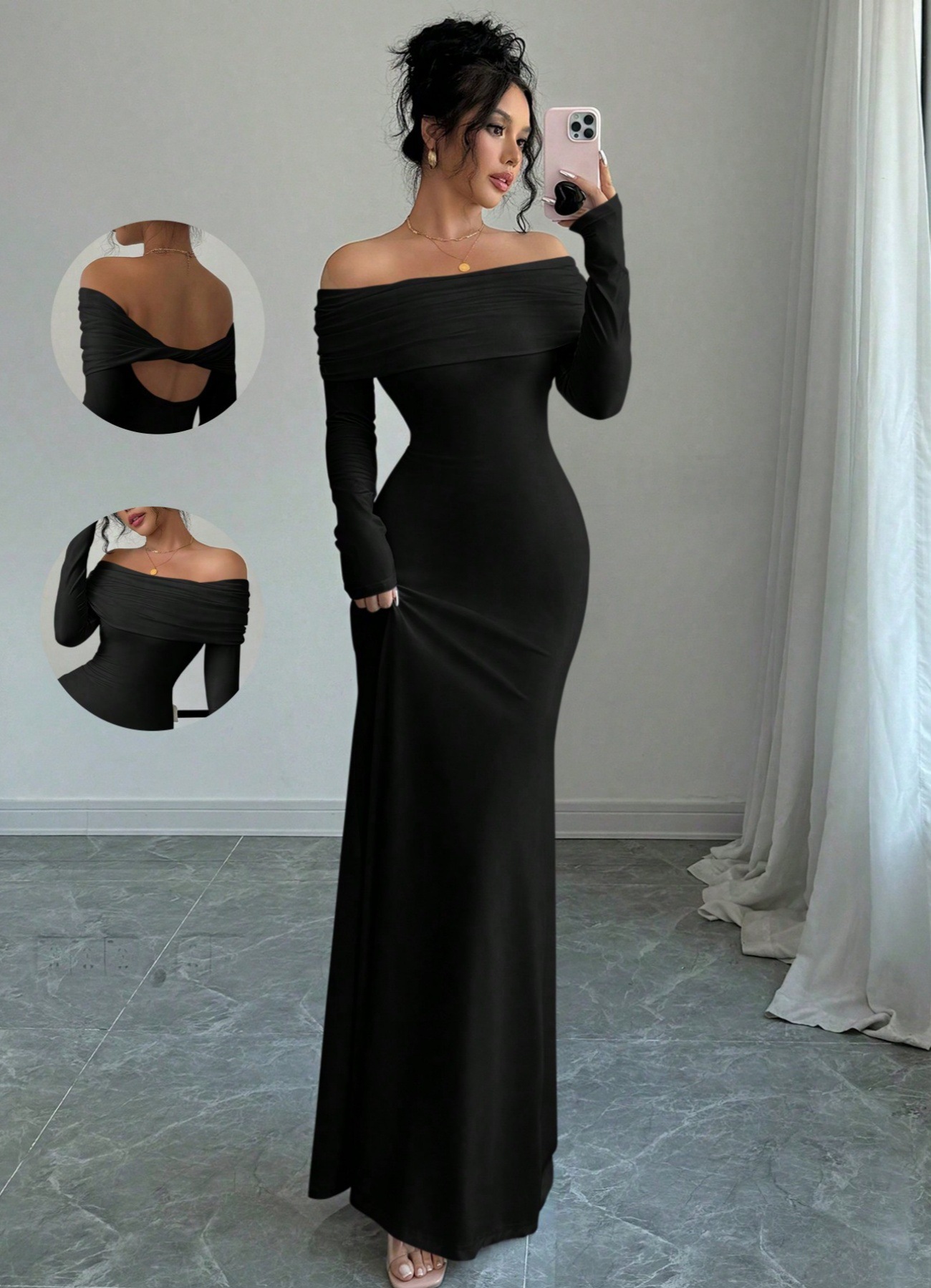 Women's Off-Shoulder Cross Backless Long Dress Elegant Evening Gown
