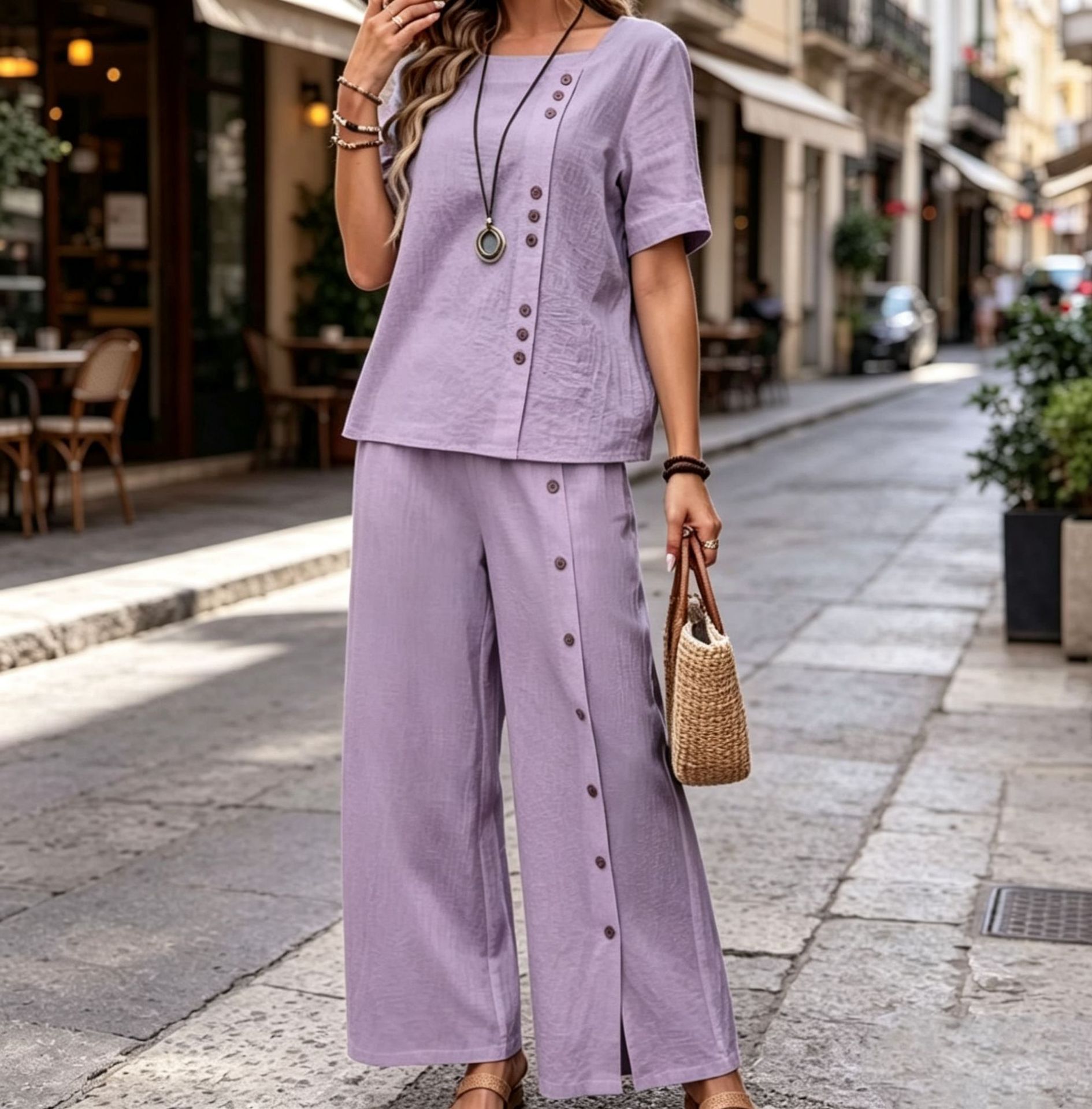 Cotton-Linen Two-Piece Set Short-Sleeve Button Top & Wide-Leg Pants