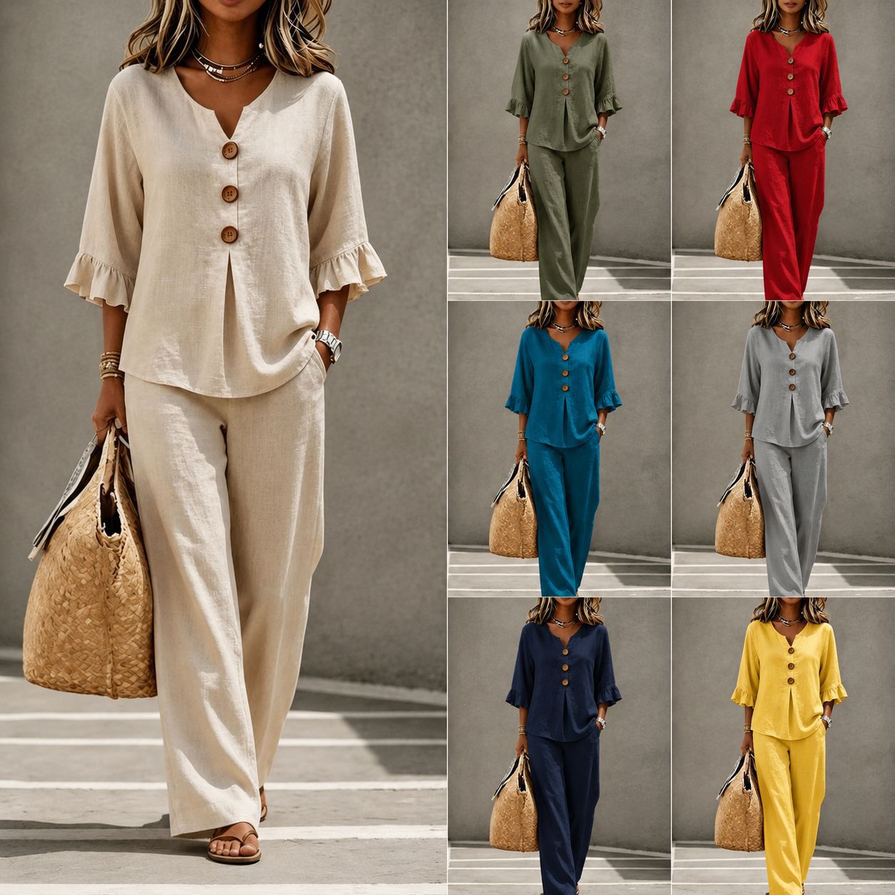 Women's Casual Button V-Neck Ruffle 3/4 Sleeve Top and Pants Two-Piece Set