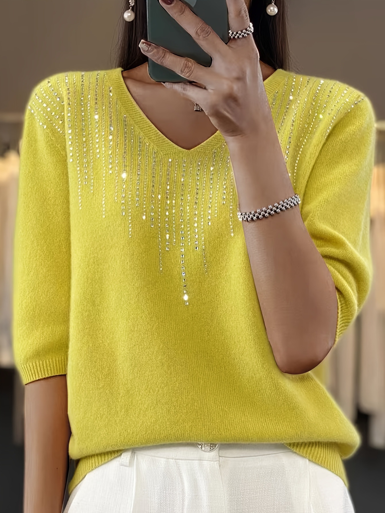 V-Neck Rhinestone Knit Short Sleeve Top