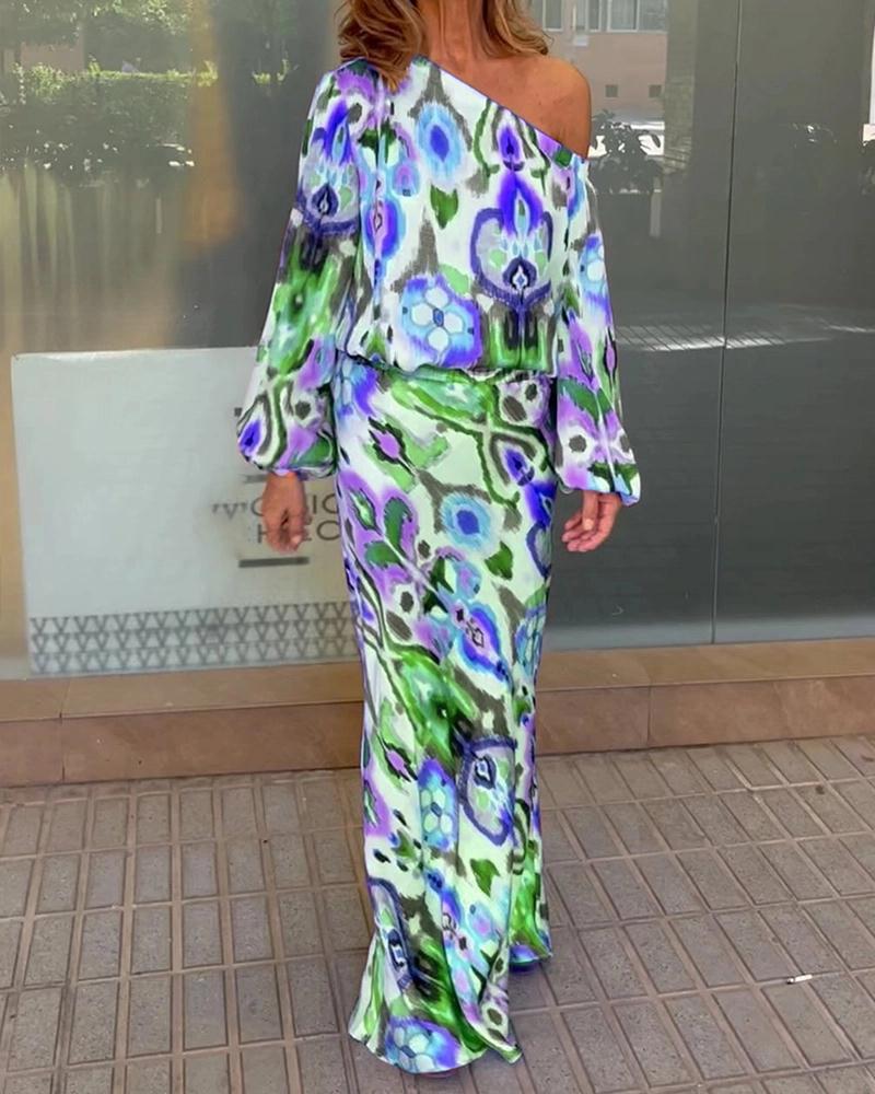 Women's Floral Print Long Sleeve Off-Shoulder Top and Mermaid Maxi Skirt Set