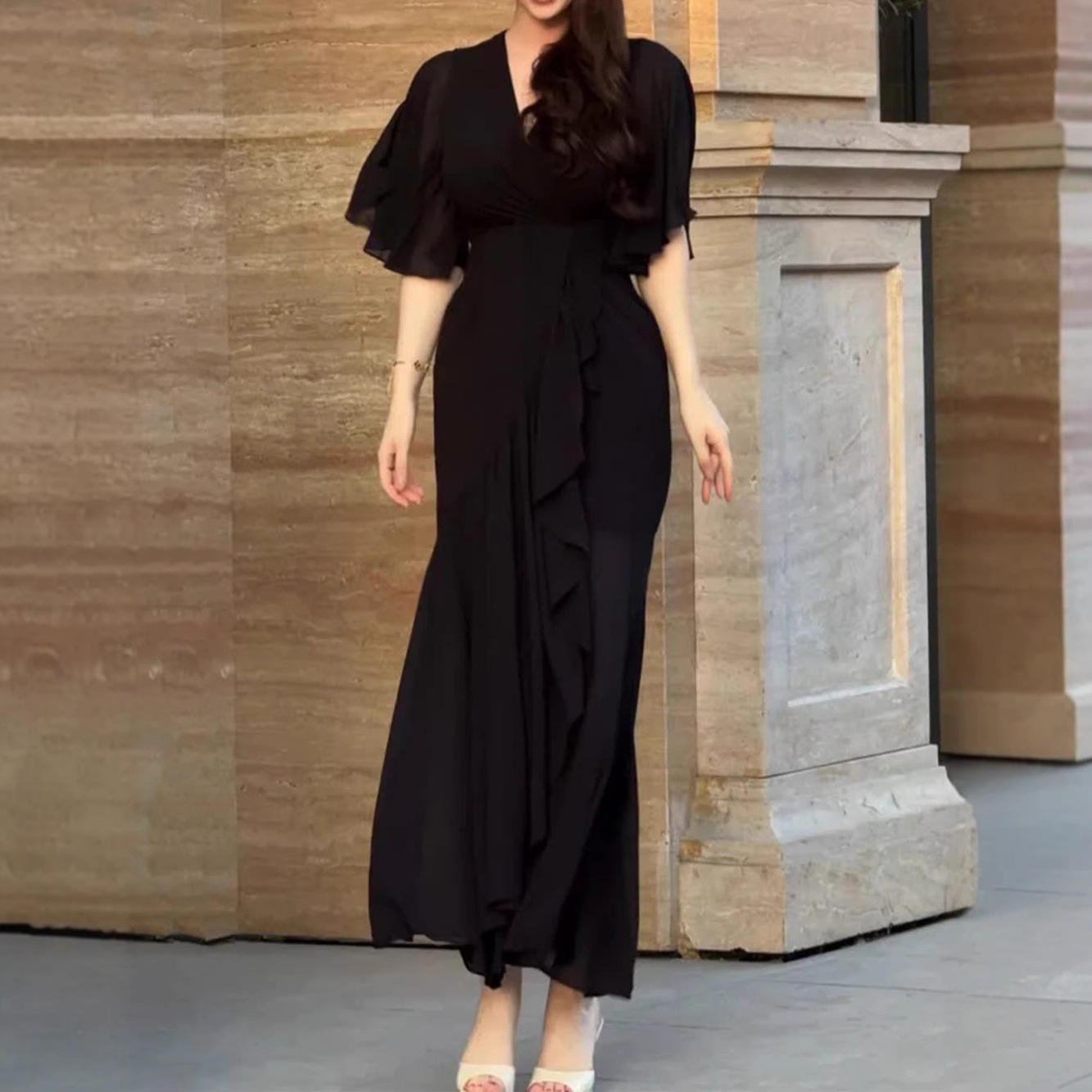 Women's Floral Print Asymmetrical Long Dress with V-Neck and Ruffle Sleeves