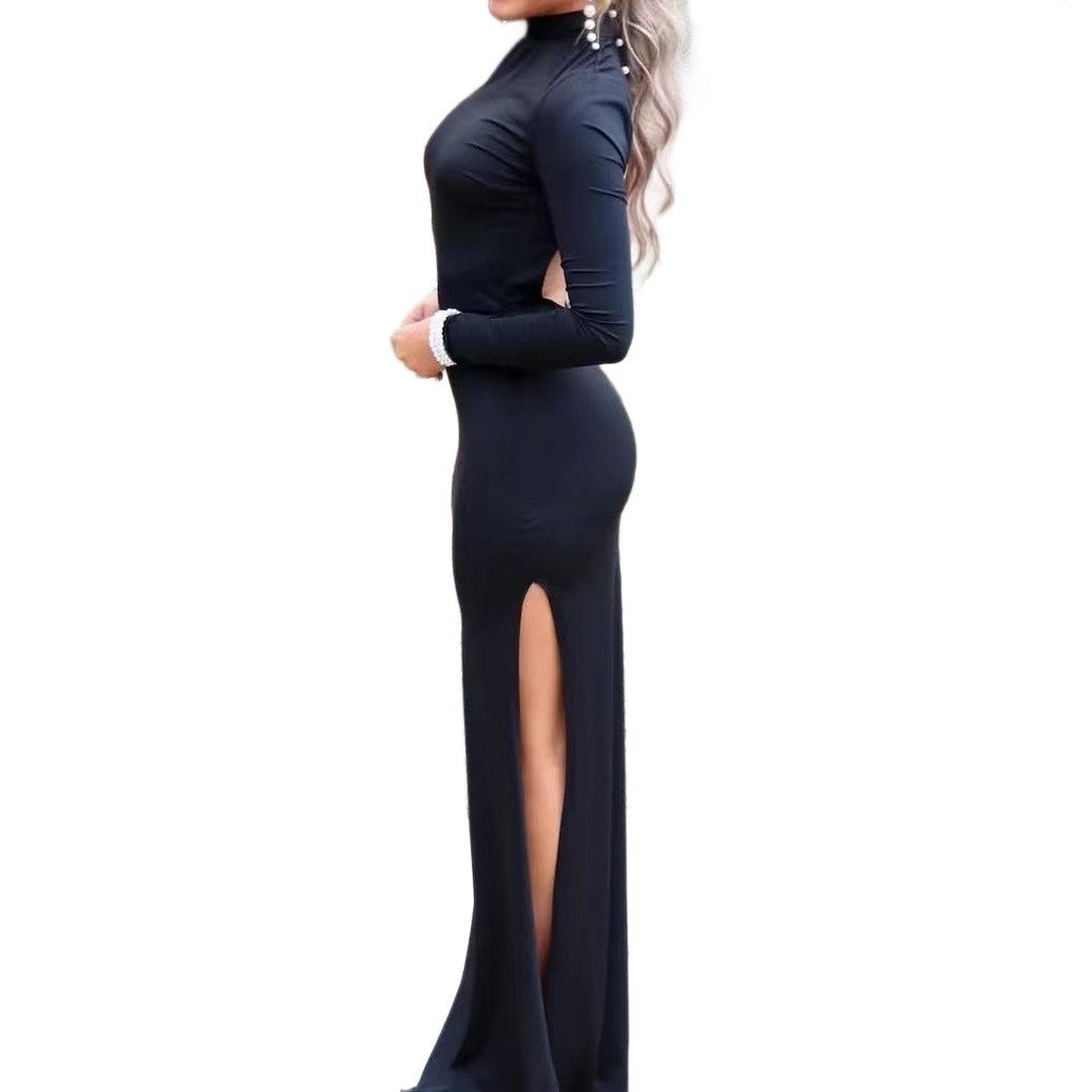 High Neck Long Sleeve Slit Bodycon Solid Color Maxi Dress