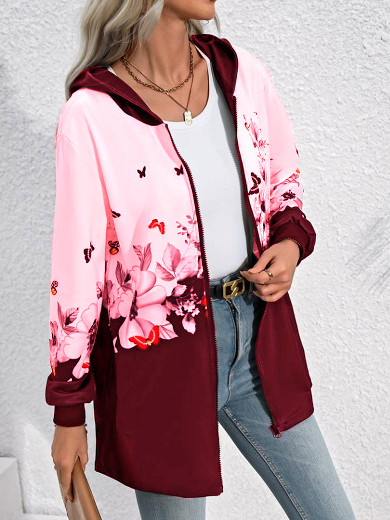 Women's Casual Printed Zip-Up Hooded Mid-Length Jacket