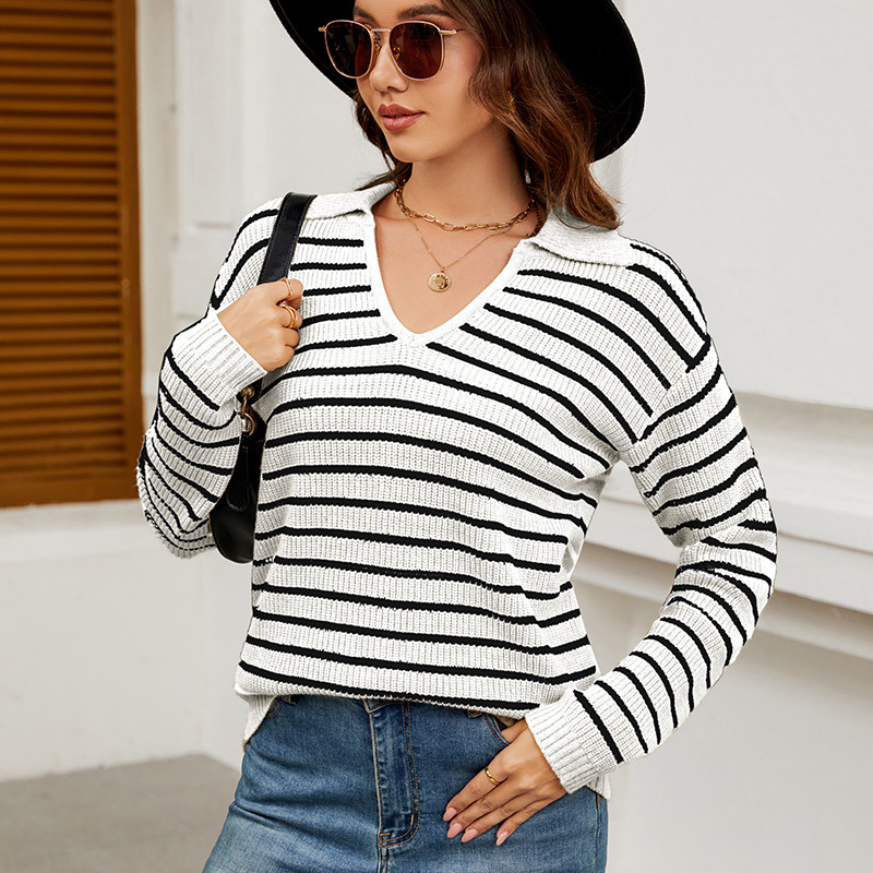 Striped Sweater Women's Loose Long Sleeve Pullover Knit Top