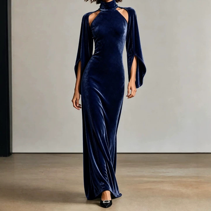 Women's Velvet Bell Sleeve Cutout High Neck Long Evening Dress