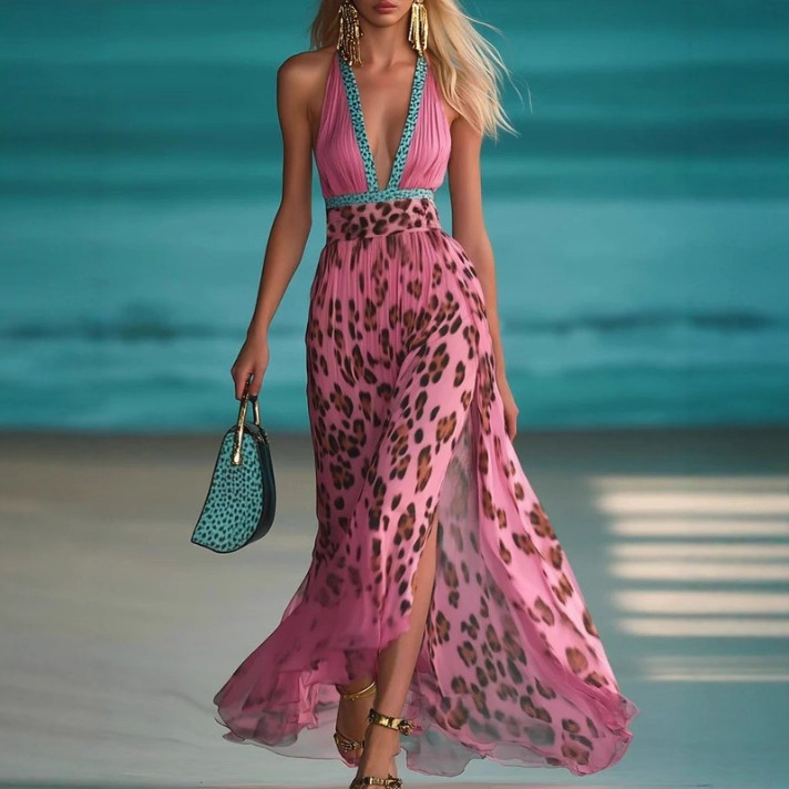 Women's Leopard Print Deep V Sleeveless Split Dress