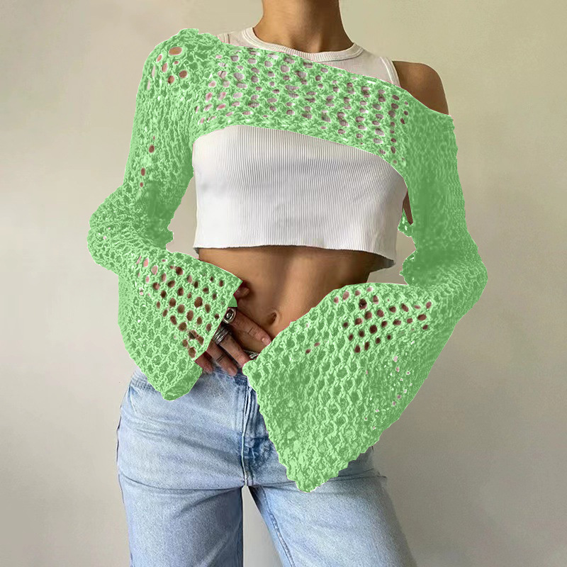 Women's Crochet Mesh Crop Top with Bell Sleeves