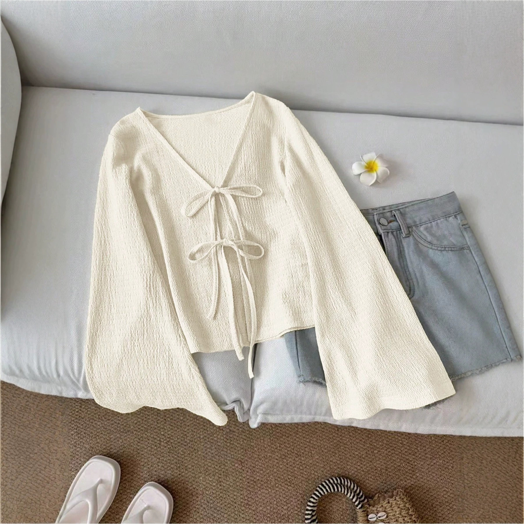 Women's Tie-Front Knit Cardigan Short Loose Casual Top