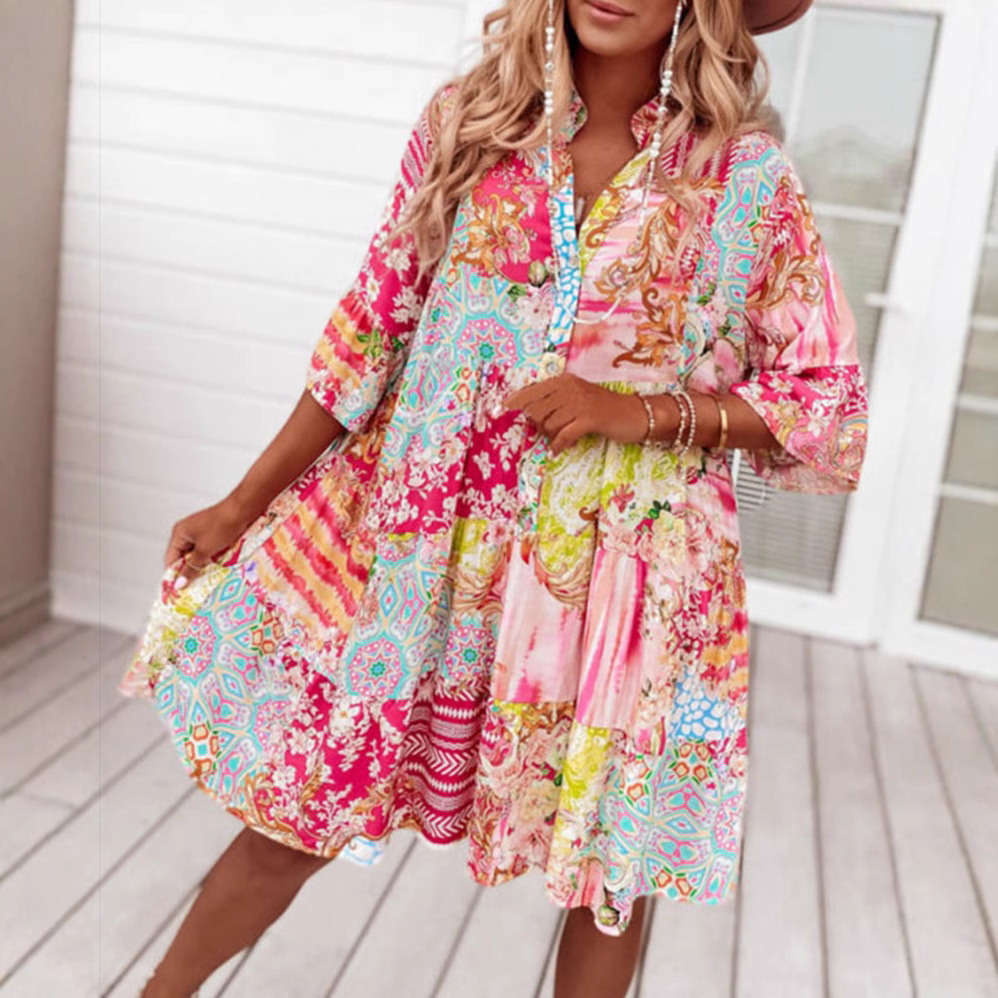 Women's V-Neck Button Print Midi Dress