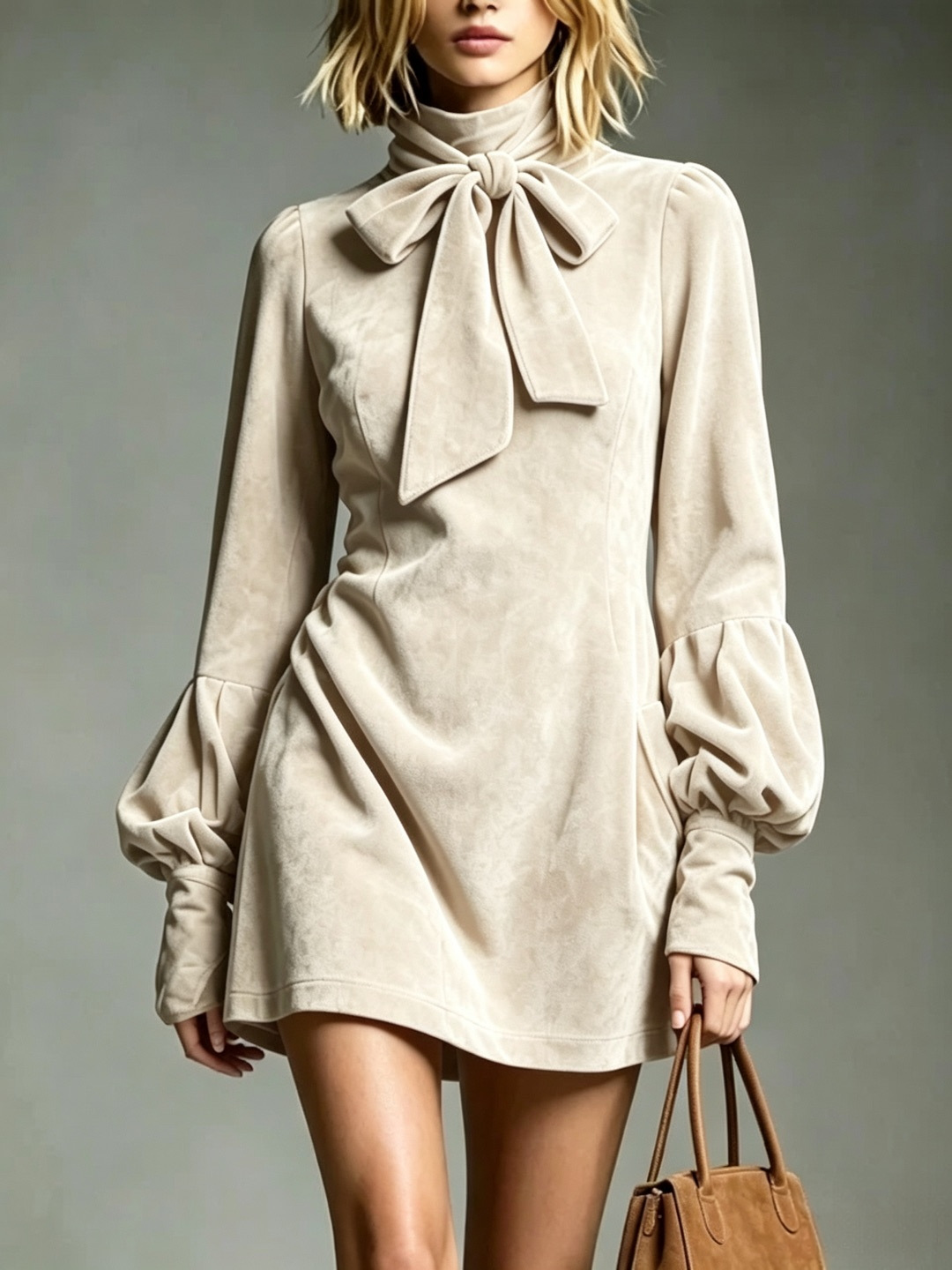 Women's High Neck Bow Lantern Sleeve Vintage Dress