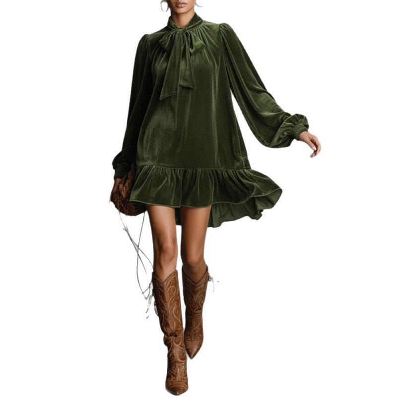 Velvet Long Sleeve Bow-Tie Irregular Solid Dress