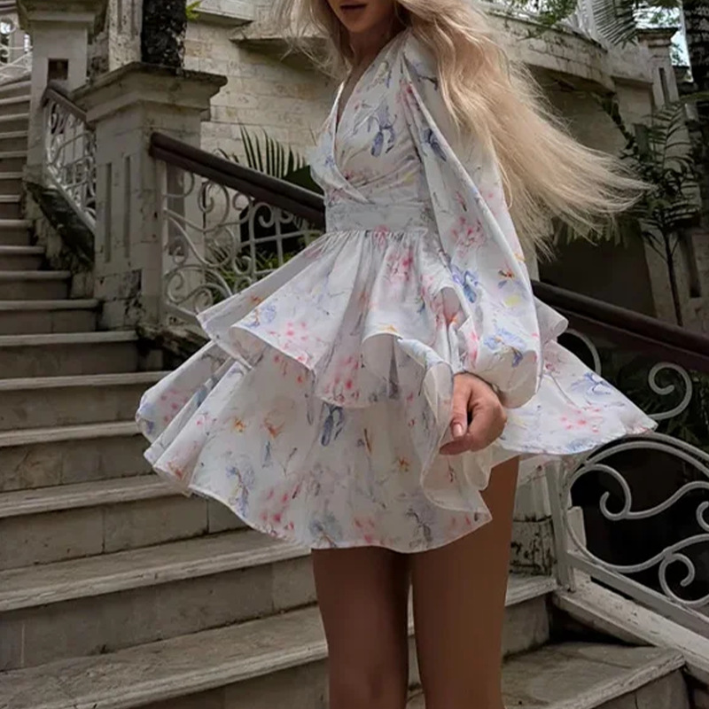 Elegant Floral Print Puff Sleeve Dress