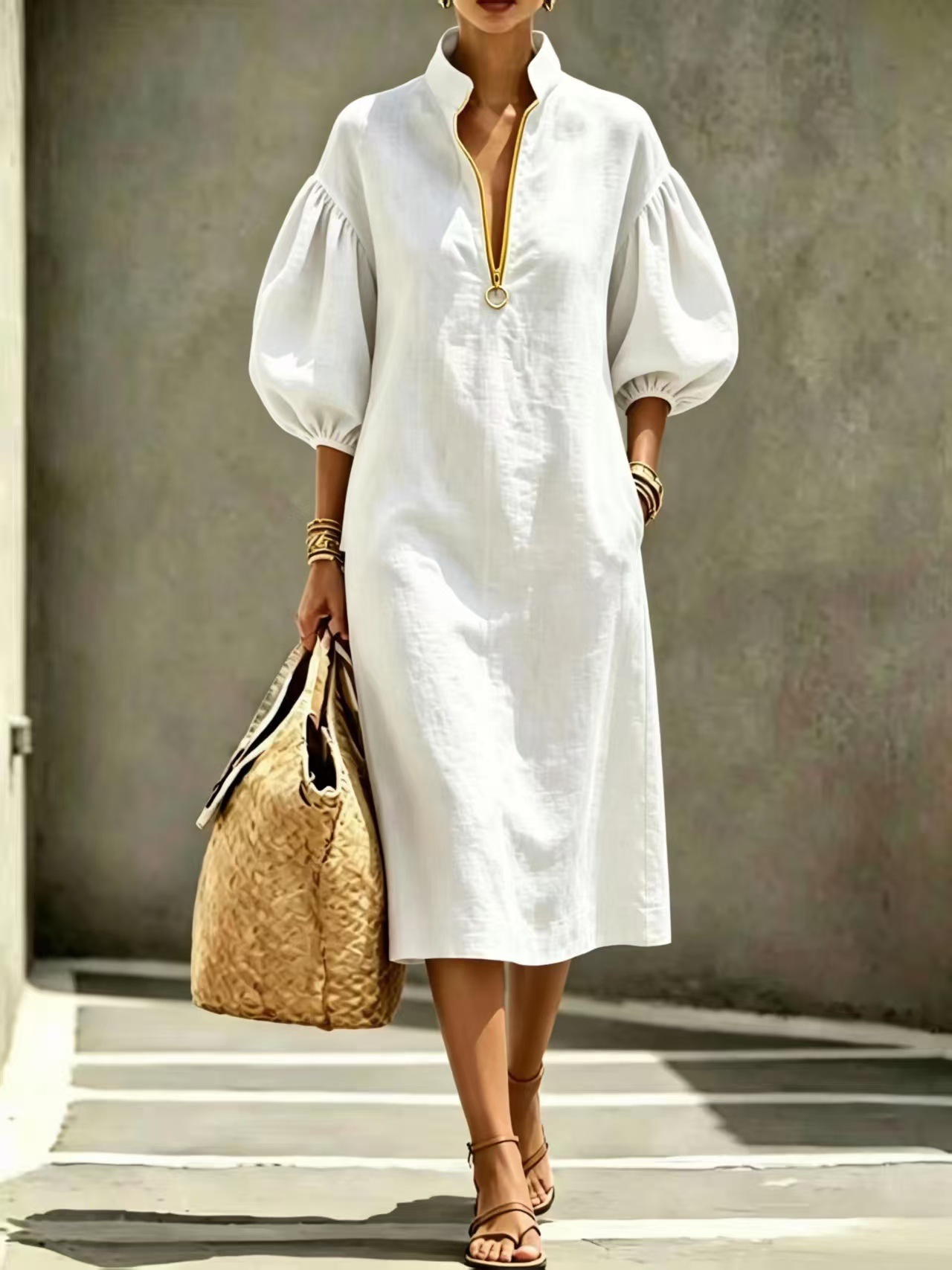 Women's Solid Color Loose Round Neck Zip Bubble Sleeve Dress