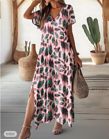 Women's Casual V-Neck Split Short Sleeve Dress with Digital Print