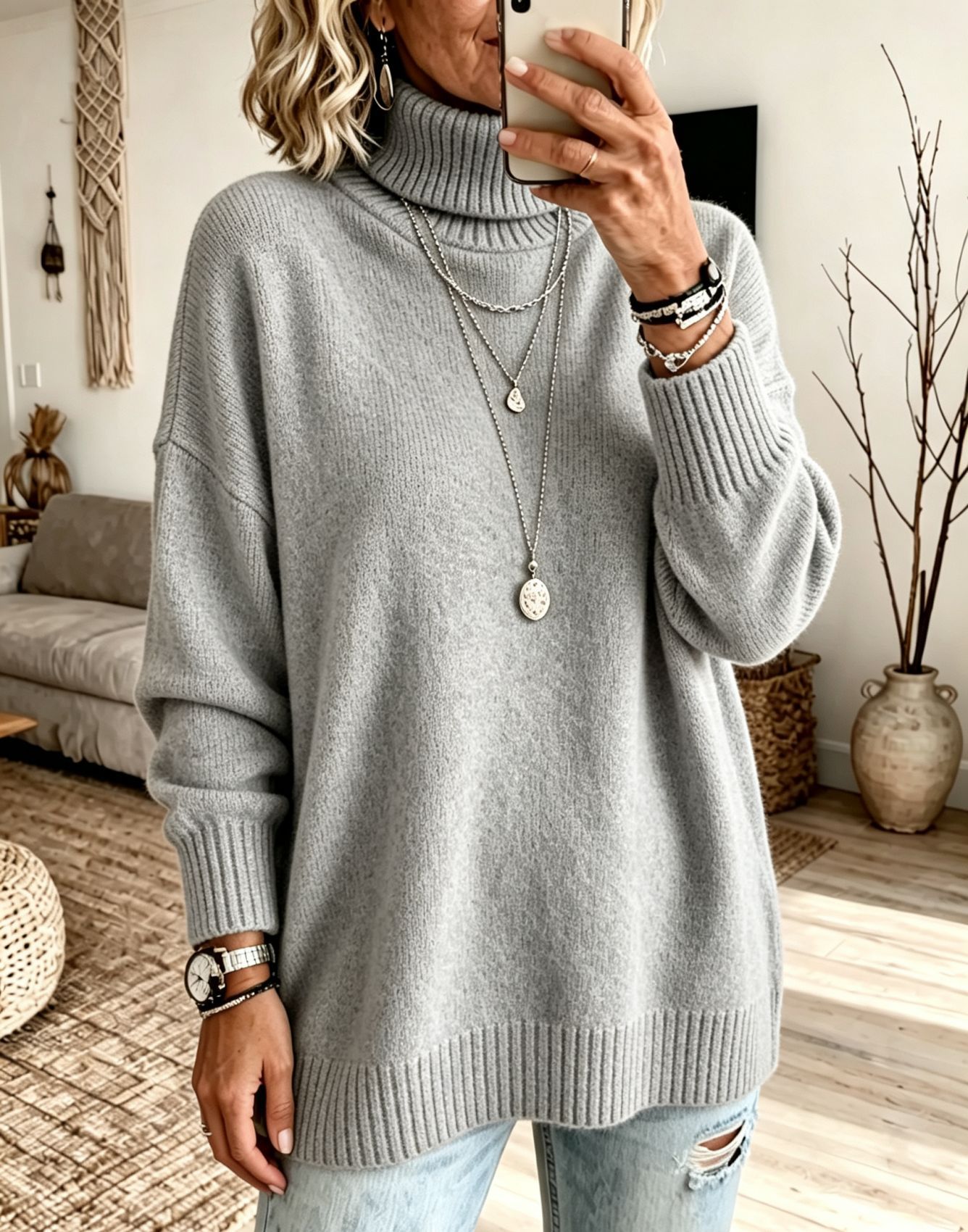 Women's Turtleneck Sweater Loose Knit Pullover Soft Thickened Base Layer