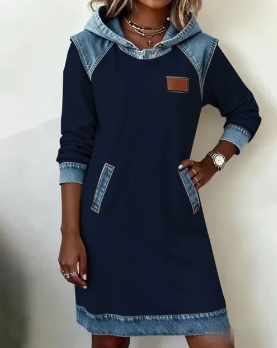 Hooded Faux Denim Patchwork Long Sleeve Sweatshirt Dress