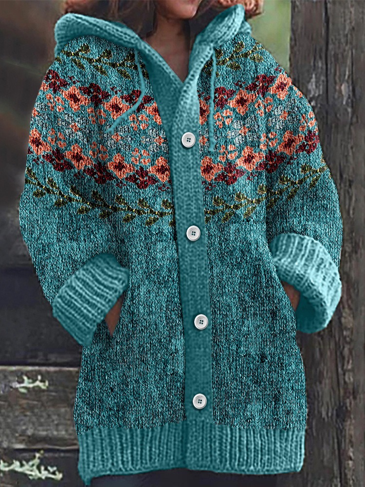 Women's Floral Leaf Print Hooded Button Cardigan Sweater