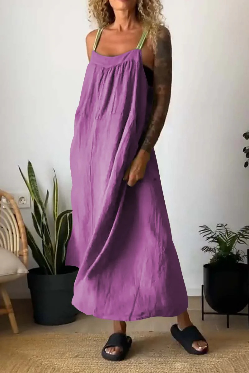 Women's Cotton Linen Sleeveless Pinafore Dress Casual Solid Color Long Dress