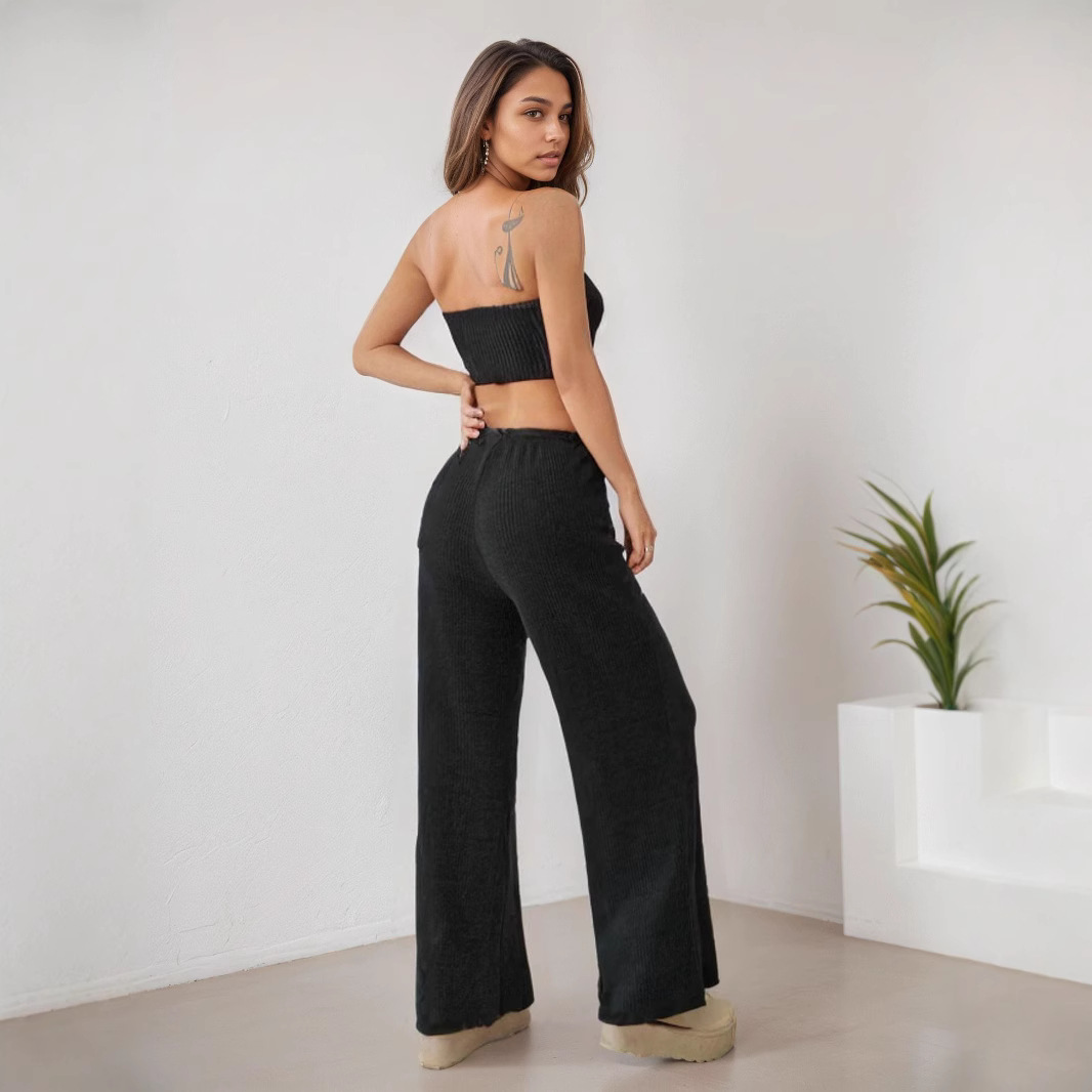 Women's Sexy Strapless Two-Piece Ribbed Set with Slit Top and Straight-Leg Pants