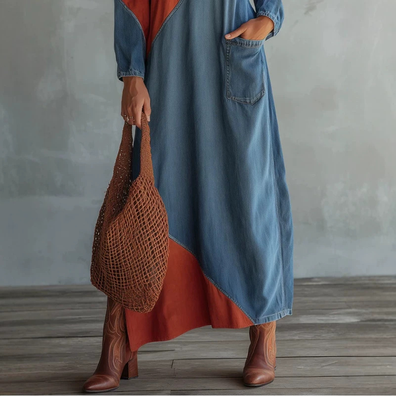 Stand Collar Zip Colorblock Asymmetric Denim Dress