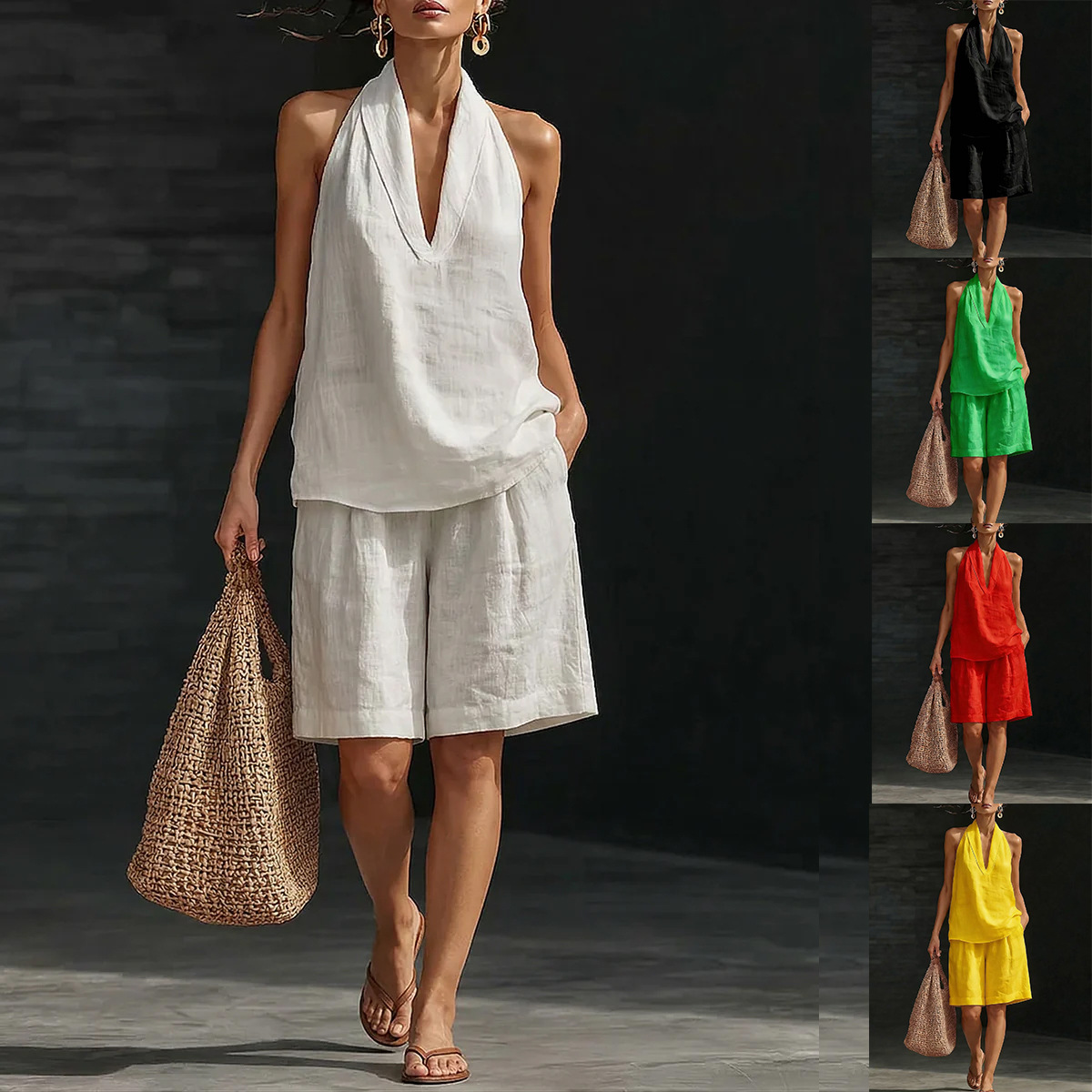Women's Halter V-Neck Sleeveless Top and Shorts Set Casual Two-Piece Outfit