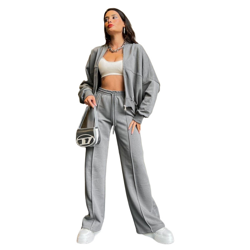 Women's Solid Zip-Up Hoodie and Straight-Leg Pants Set