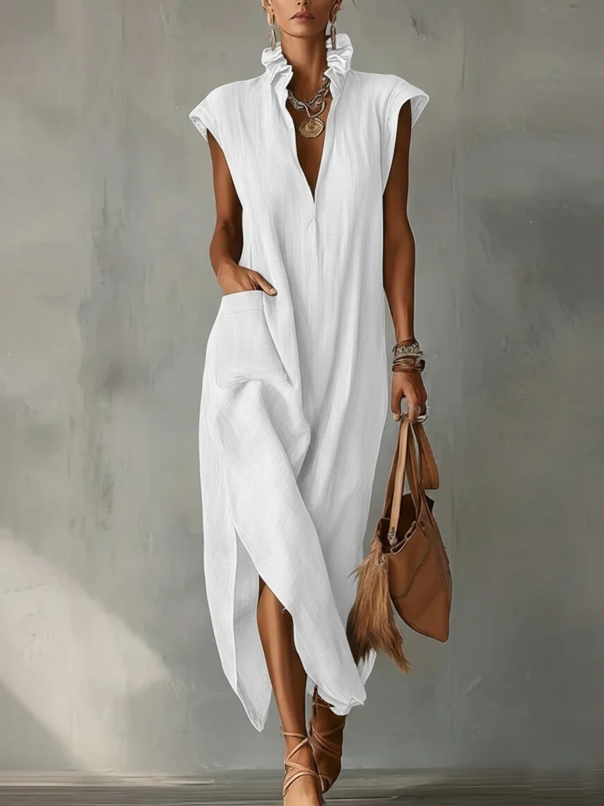 Women's Summer Sleeveless V-Neck Cotton-Linen Dress Loose A-Line Midi