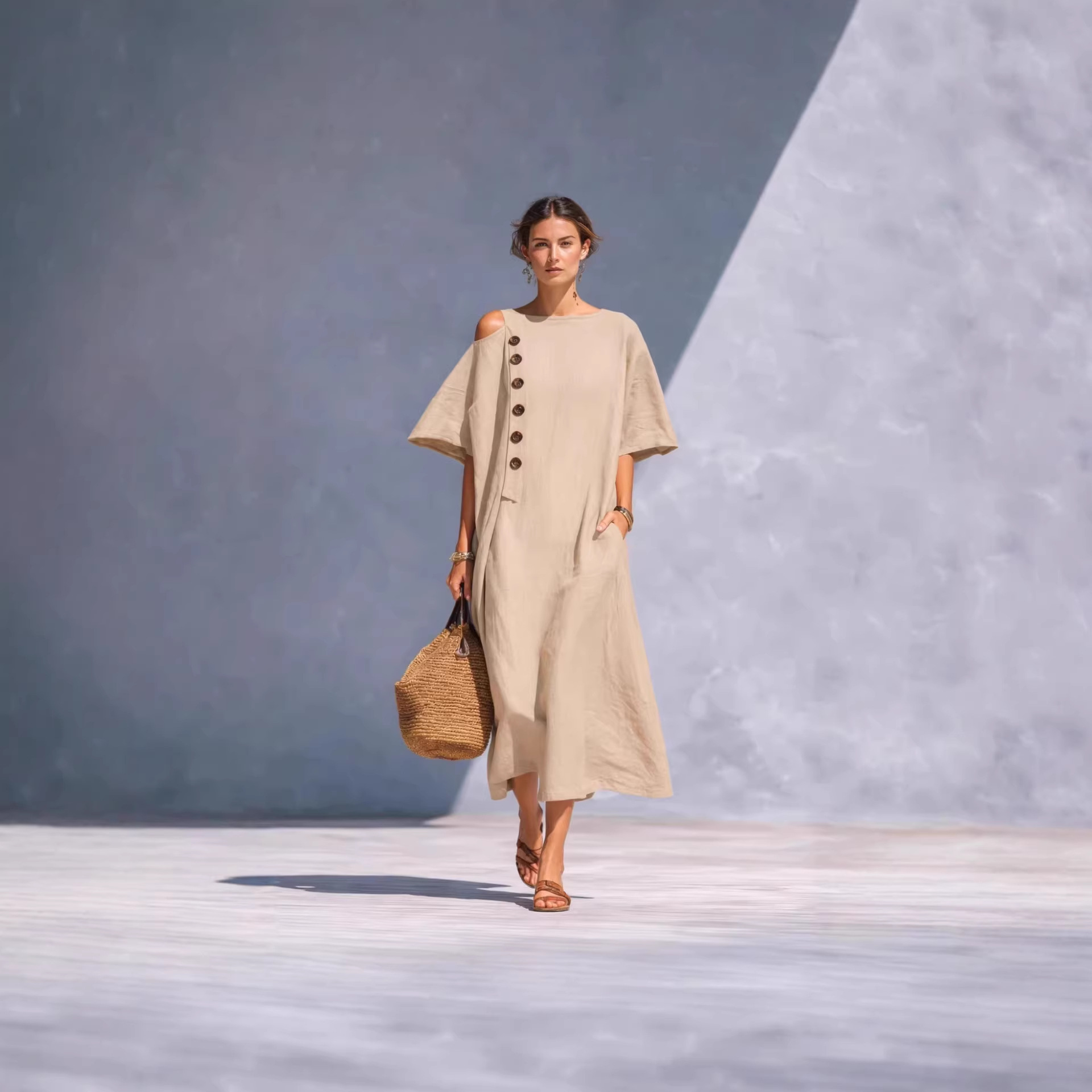 Women's Summer Loose Fit Midi Dress with One-Shoulder Button Detail