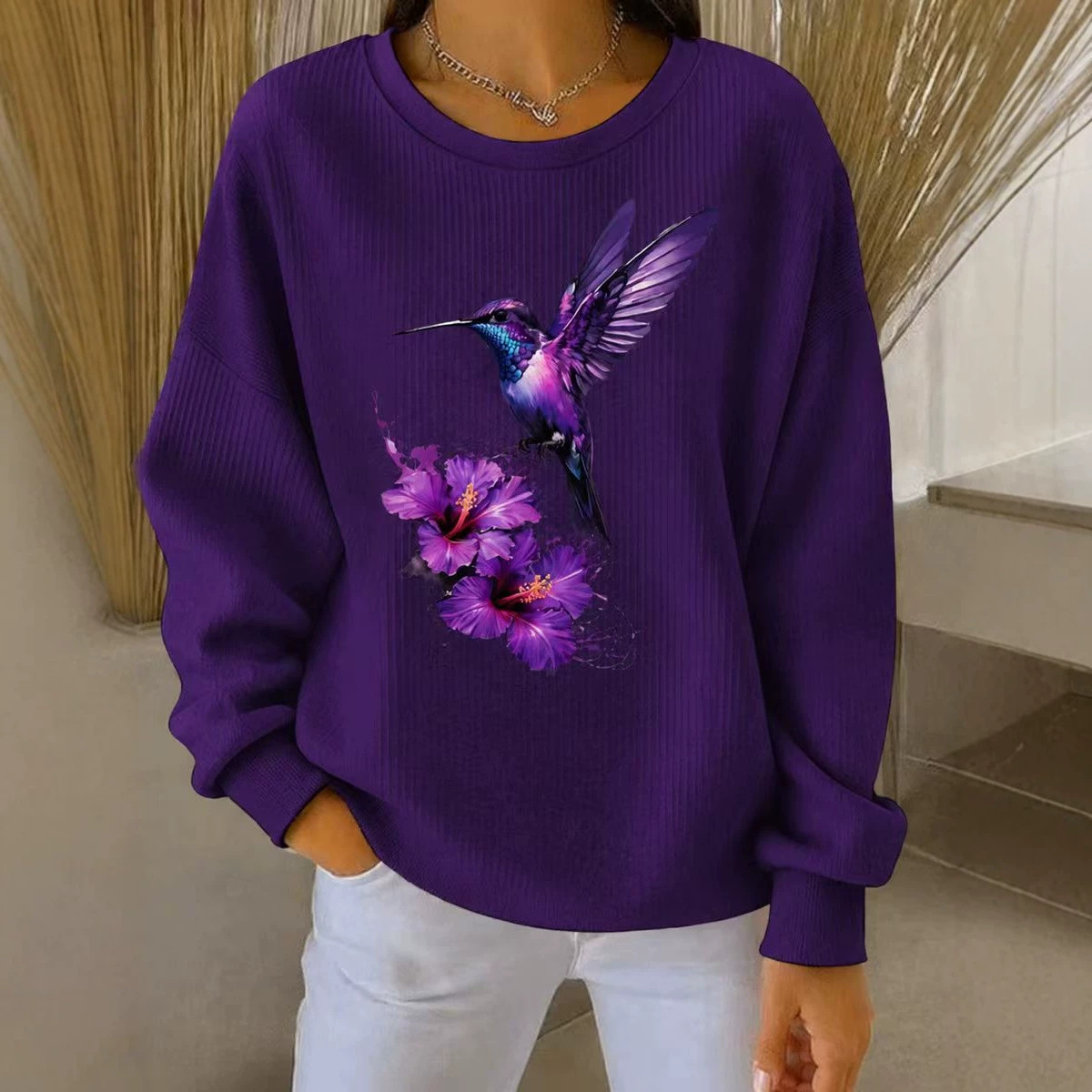 Purple Hummingbird Floral Print Crewneck Long-Sleeve Pullover Sweatshirt