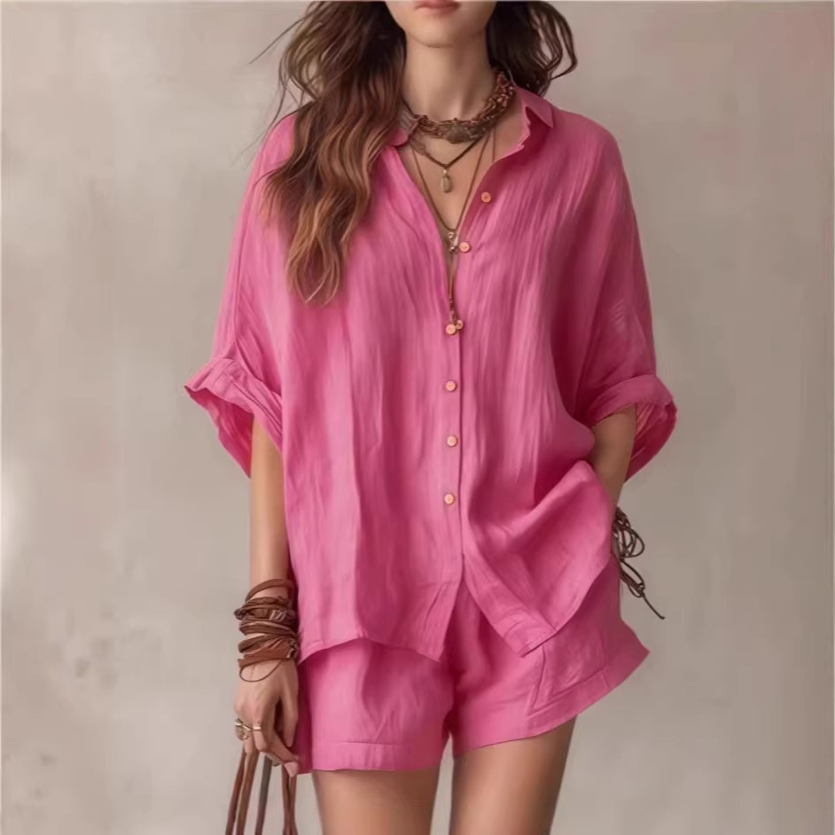 Women's Solid Color Loose Button-Front Shirt and Shorts Casual Set