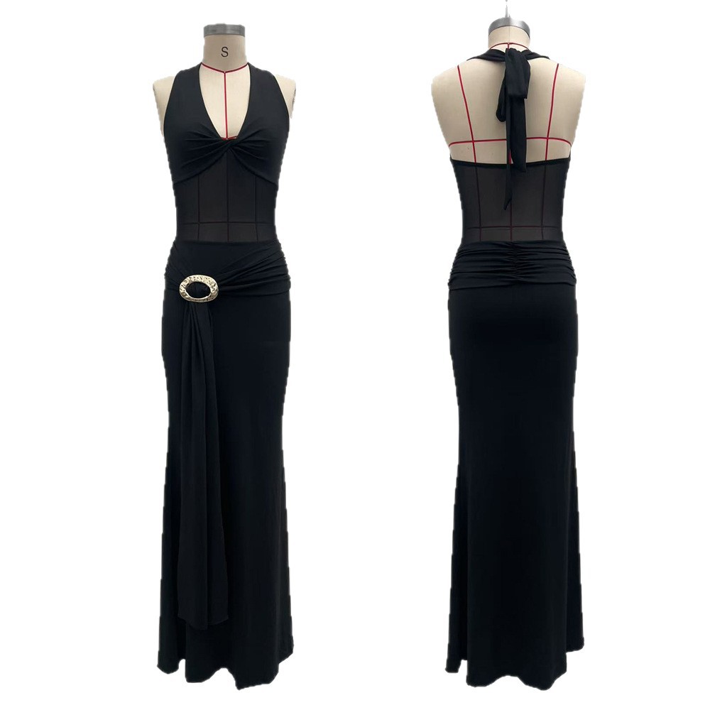 Sexy Sheer Mesh Backless Bodycon Maxi Dress with Halter Tie