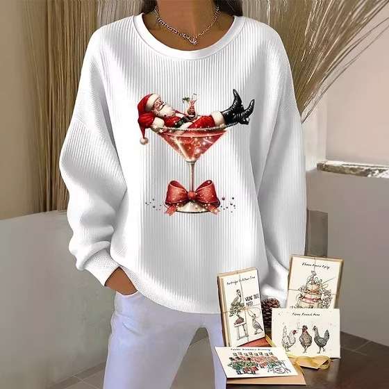 Women's Animal Wine Glass Paw Print Heart Print Crewneck Sweatshirt